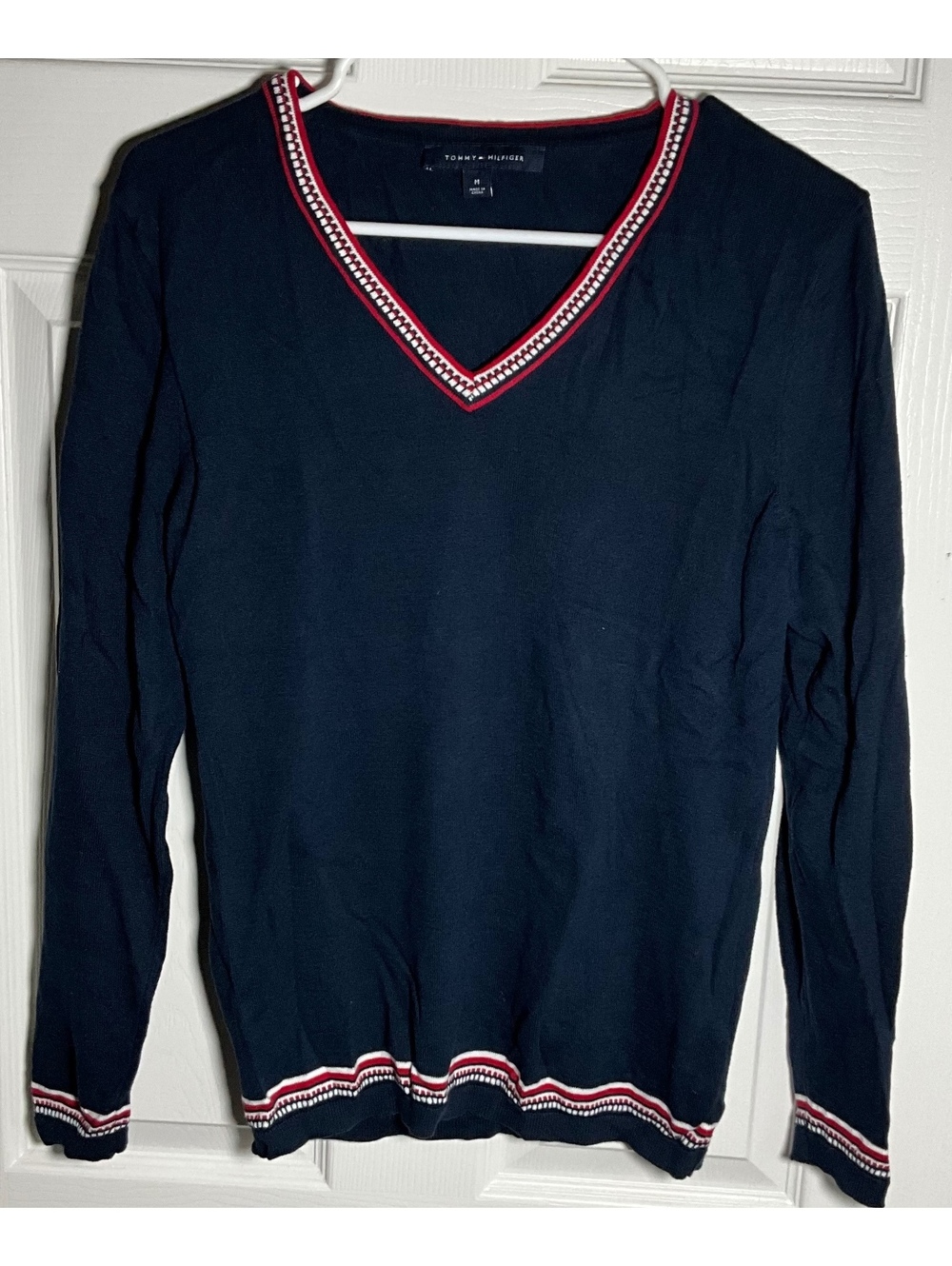 Tommy Hilfiger Navy Blue V-Neck Sweater with Red and White Trim, Medium